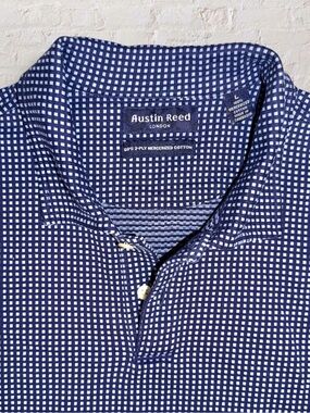 Austin Reed London Men’s L Navy Micro Grid Polo 60s 2-Ply Mercerized Cotton
